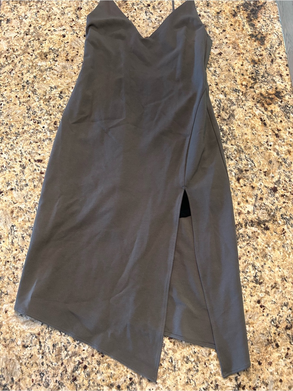 Backstage Asymmetrical Slip Dress XS Olive Green Side Slit Minimalist Midi